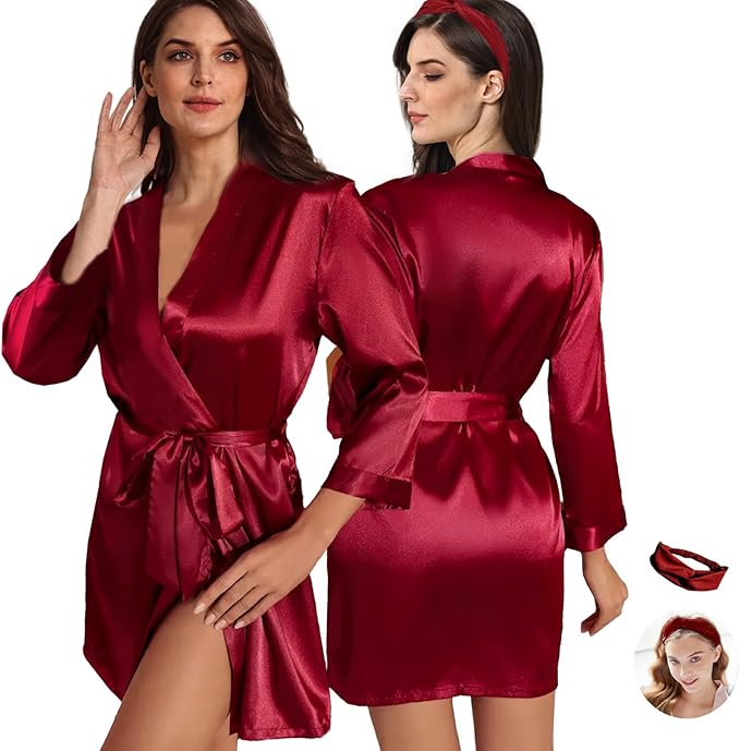 WJing Yi Jia 2Pcs Womens Floral Kimono Robe Silk Robes Bride Bridesmaid Satin Robes Bridal Dressing Gown Silky Bathrobe