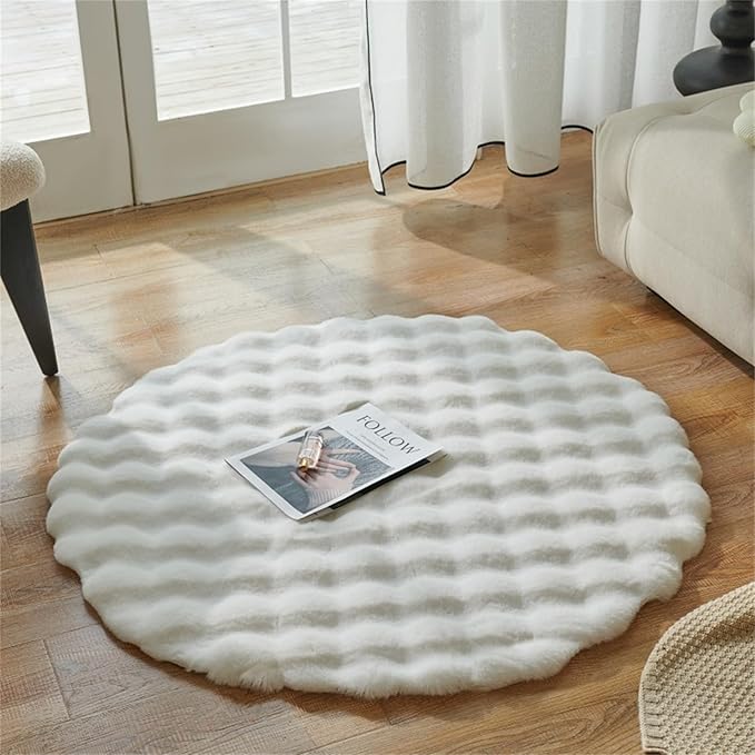 ABREEZE Faux Rabbit Fur Rug 4FT, White Fluffy Soft Area Rug Round Fuzzy Carpet for Living Room, Bedroom, Machine Washable Shaggy Nursery Rug