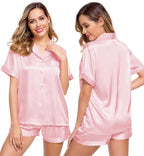 LecGee Womens Silk Satin Pajamas Short Sleeve Loungewear Two-Piece Sleepwear Button-Down Pj Set