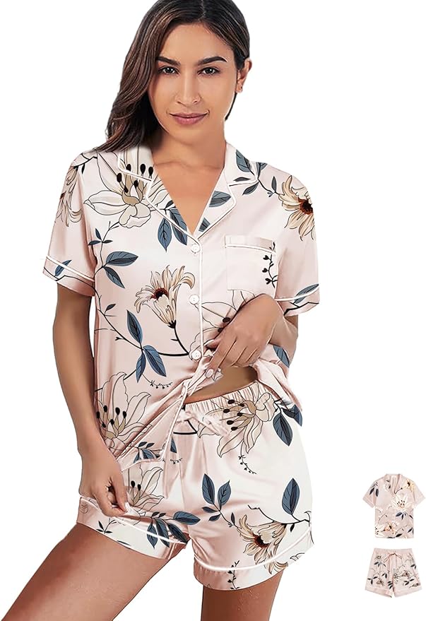 WJing Yi Jia Womens 3Pcs Satin Pajamas Set Floral Silk Pajama Sets Stripe Lounge Set Silky Sleepwear XS-2XL Pjs Long Scarves