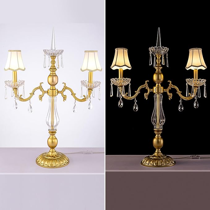Wellmet Gold Crystal Table Lamp, 2 Light Crystal Table Lamp for Bedroom, Vintage Table Lamps for Living Room, Bedroom, Office Hotel Decor, Modern Palace Lights
