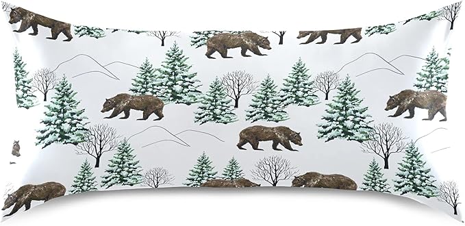Bear Print Satin Pillowcase Queen Size, Winter Forest Silk Pillow Case with Envelope Closure, Satin Pillowcase for Hair and Skin, 20x30 inches, White, 1 PC