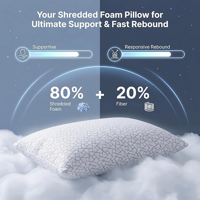Meoflaw Adjustable Memory Foam Pillows: 2 Pack Queen Size Shredded Foam Bed Pillow for Sleeping with Removable & Washable Pillowcase for All Sleep Positions