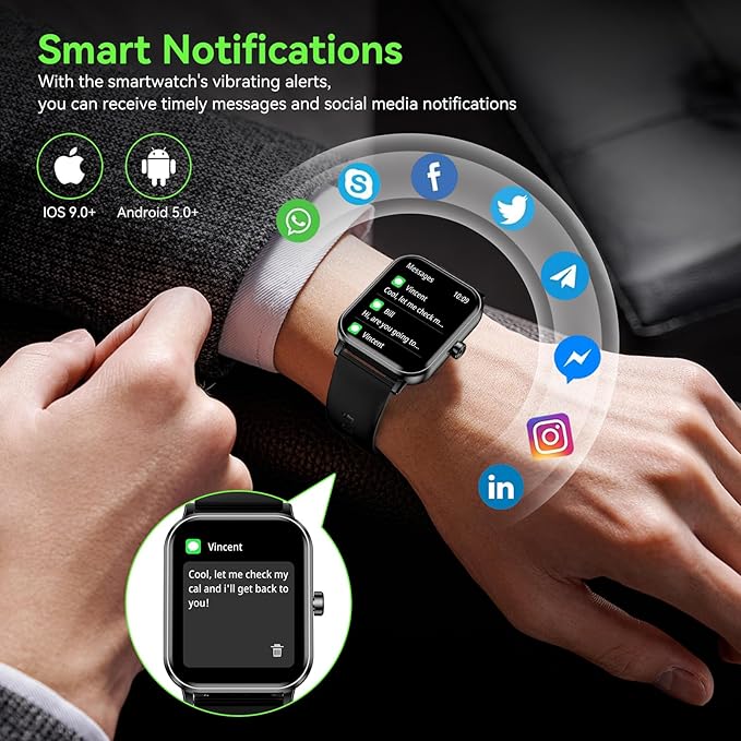Smart Watch for Men Women, 1.85" HD Fitness Tracker with Bluetooth Calls, 5 ATM Waterproof, 130+ Sport Modes, 24/7 Heart Rate/Sleep Monitor, Pedometer, Calories, Smartwatch for Android iOS (Black)