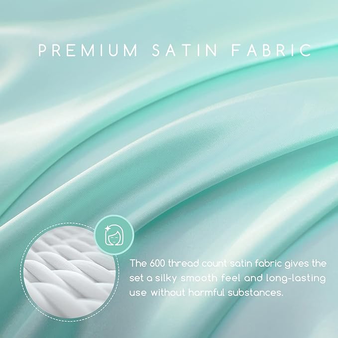 MR&HM Satin Bed Sheets, Queen Size Sheets Set, 4 Pcs Silky Bedding Set with 15 Inches Deep Pocket for Mattress (Queen, Turquoise)