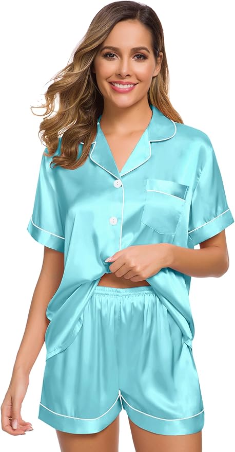 SWOMOG Womens Silk Satin Pajamas Set Short Sleeve Sleepwear Button Down Top and Shorts Loungewear 2 Piece Pjs Set XS-3XL