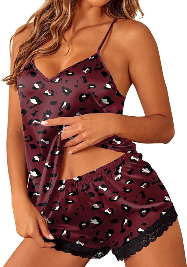 Ekouaer Satin Pajamas Women Lace Sleepwear Lingerie Cami Shorts Set Nightwear XS-XXL