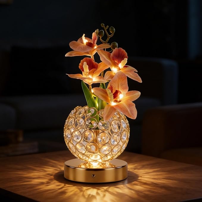 Flower Table Lamp, Orchid Flower with Crystal Vase Lamp, Cordless Touch Desk Light, 3 Colors Dimming & Rechargeable, Small Night Light for Bedroom Home, Romantic Gifts for Girl Women (White)