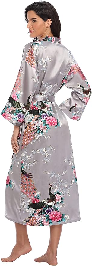 Valennia Women Long Silky Bathrobe Satin Kimono Robe Floral Printed Dressing Gown Sleepwear