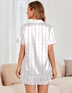 Ekouaer Womens Satin Silk Pajamas Set Short Sleeve Sleepwear Button Down Top and Shorts Loungewear 2 Piece Pjs Set S-XXL
