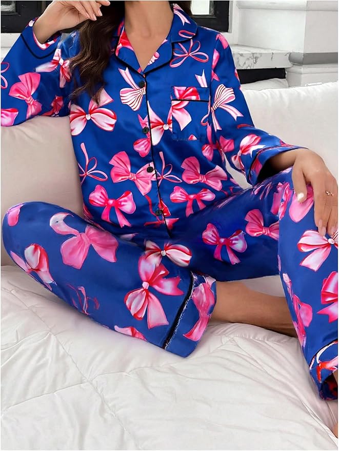 WDIRARA Women's 2 Piece Bowknot Print Satin Pajama Set Long Sleeve Button Down Lounge Pants Sleepwear Sets