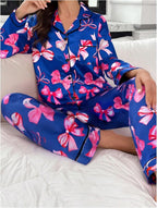 WDIRARA Women's 2 Piece Bowknot Print Satin Pajama Set Long Sleeve Button Down Lounge Pants Sleepwear Sets