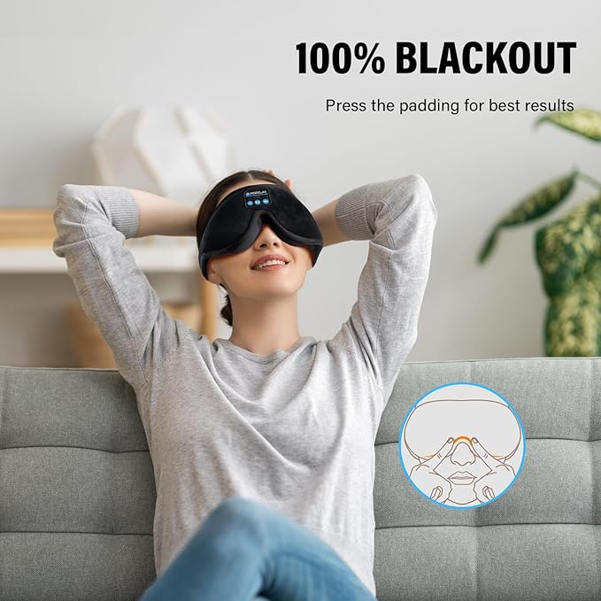 Sleep Headphones,Sleep Mask for Side Sleeper,3D Eye Mask for Sleeping with Stereo Speakers,Bluetooth Headphone,Perfect for Gifts for Women/Men Black