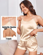Ekouaer Silk Satin Pajamas Set for Women T-back Lingerie Pjs Cami Top and Shorts Sleepwear Gift for Honeymoon Party