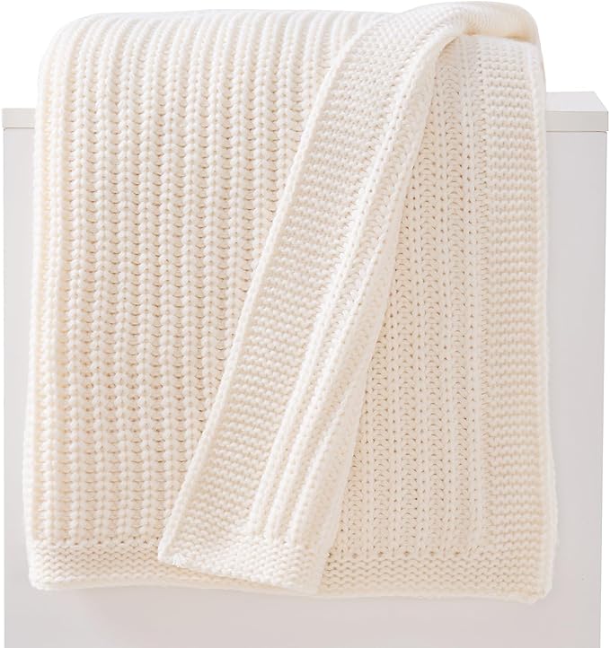 Cream White Chunky Knit Throw Blanket 60"x80" - Soft Cozy Thick Knitted Blanket for Couch Sofa Bed, Cute Christmas Decorative Throw for Living Room
