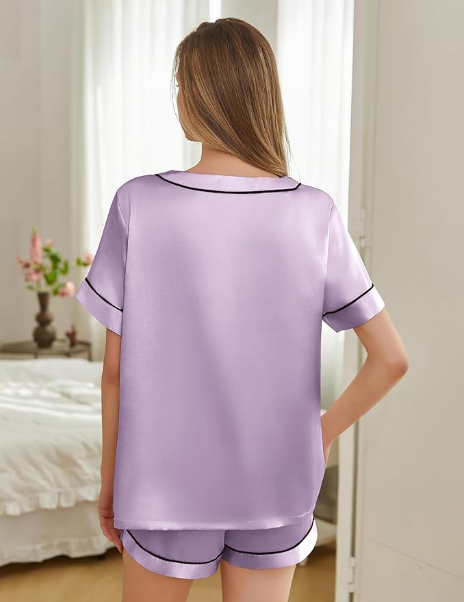 Silk Pajamas for Women Short Sleeve Satin 2 Piece Pj Set Soft V Neck Sleepwear Loungewear, S-XXL