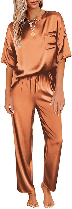 Ekouaer Womens Satin Silky Pajama Set Short Sleeve Shirt with Long Pajama Pant Set Soft PJ Loungewear