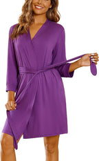 Ekouaer Women‘s Robes Lightweight 3/4 Sleeve Short Knit Bathrobe Soft Knee Length Sleepwear Robes with Pockets S-XXL