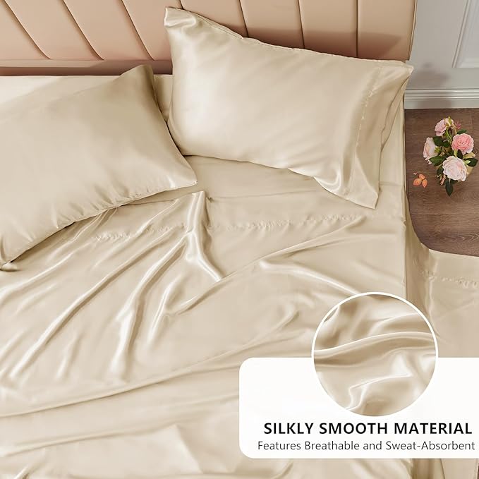 CozyLux Satin Sheets Queen Size Bed Set - 4 Piece Silky Queen Sheet Set, Luxury Champagne Queen Sheets with Smooth and Soft Microfiber, Includes 1 Fitted Sheet, 1 Flat Sheet and 2 Pillowcases