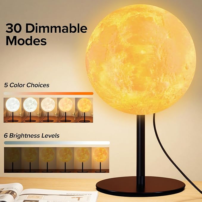Moon Lamp Night Light for Kids, Dimmable Bedside Lamp with 30 Modes, Inline Control Small Table Lamp for Bedroom, Kids Room, Nightstand, Dorm, Office Decor, Birthday Gift for Boys Girls Teens Women