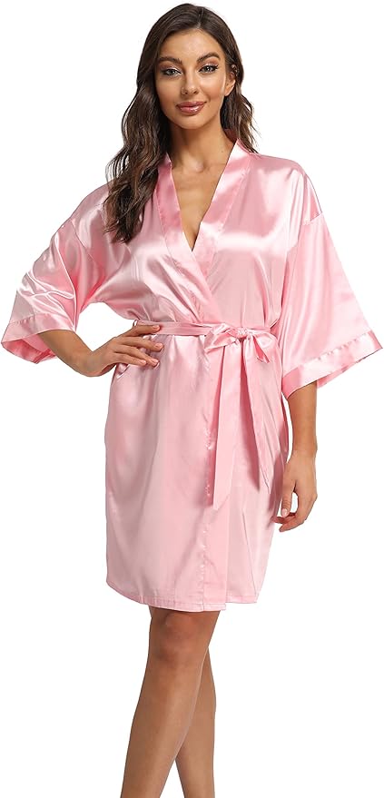 Women's Pure Short Kimono Robes Bride Bridesmaids Silky Bathrobe Lightweight Satin Sleepwear