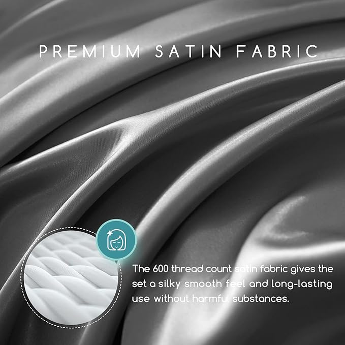 MR&HM Satin Bed Sheets, King Size Sheets Set, 4 Pcs Silky Bedding Set with 15 Inches Deep Pocket for Mattress (King, Dark Grey)
