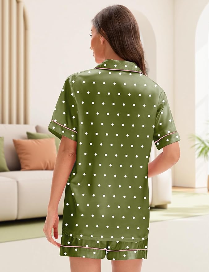 EPLAZA Silk Pajamas for Women Satin Pajamas Set 5 Pcs Long Sleeve Print Pattern Button Down Pjs Sleepwear Loungewear Set