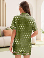EPLAZA Silk Pajamas for Women Satin Pajamas Set 5 Pcs Long Sleeve Print Pattern Button Down Pjs Sleepwear Loungewear Set