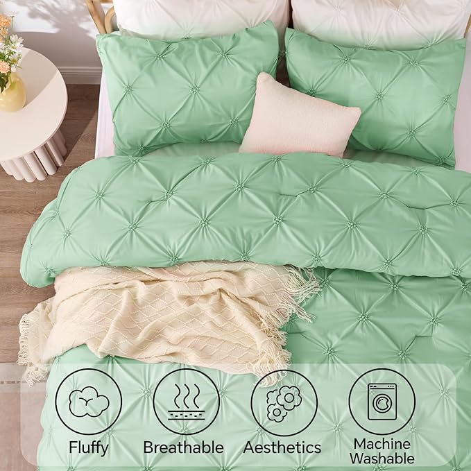 BEDELITE Sage Green Twin Comforter Set - 2 Peices Boho Pintuck Bedding Comforter Sets, Lightweight Soft & Warm Twin Bedding Sets with 1 Pillowcase for All Season