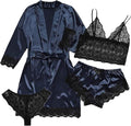 Womens Silk Pajamas Robes Set 4PACKS Sexy Pjs Cami Shorts Satin Sleepwear Lace Loungewear