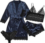 Womens Silk Pajamas Robes Set 4PACKS Sexy Pjs Cami Shorts Satin Sleepwear Lace Loungewear