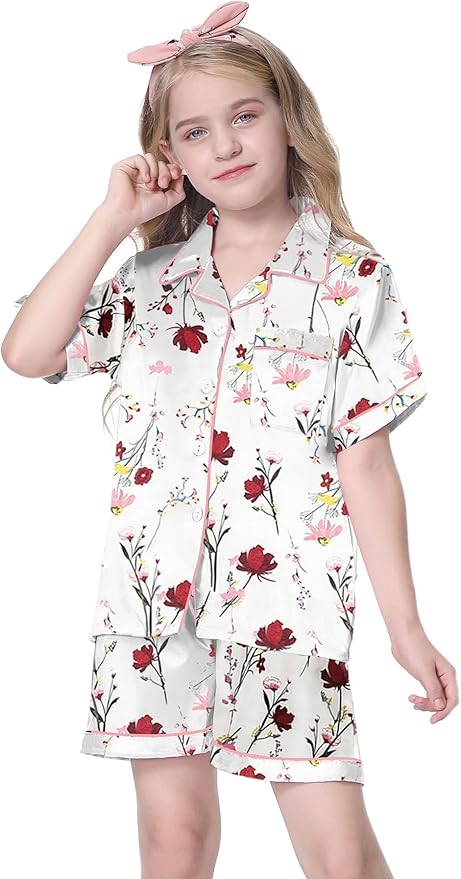 Girls & Womens Satin Pajamas Set, Silk Button-Down Sleepwear 2 Piece Nightwear, 3 Years - Women XXL