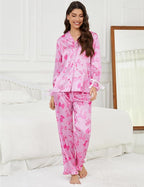 SWOMOG Womens Silk Satin Pajamas Set Long Sleeve Button Down Sleepwear 2 Piece Lounge Set Pj Set XS-3XL