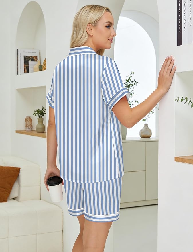 DOLOS Silk Satin Pajama Set for Women Short/Long Sleeve 2-Piece Silky Pajamas for Women Button Down Pjs Sleepwear Loungewear