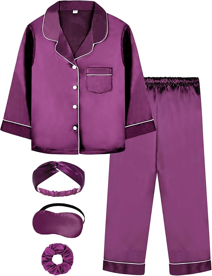 EPLAZA Kids Satin Pajamas Sets Girls Boys Button-Down Silky Pajamas Sleepwear with Hairband Eye Mask Hair Tie