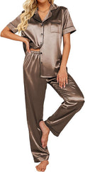 Ekouaer Silk Satin Pajamas Set Women Short Sleeve Sleepwear Soft Button Down Loungewear Pjs Set
