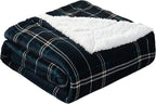 Elegant Comfort Throw Blanket, Reversible Sherpa Flannel, Ultra-Soft, Fuzzy, Cozy and Plush- All Season Lightweight Decorative Throw, 50 x 60 inches, Plaid Design Sherpa Throw, Navy