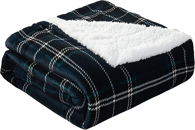 Elegant Comfort Throw Blanket, Reversible Sherpa Flannel, Ultra-Soft, Fuzzy, Cozy and Plush- All Season Lightweight Decorative Throw, 50 x 60 inches, Plaid Design Sherpa Throw, Navy
