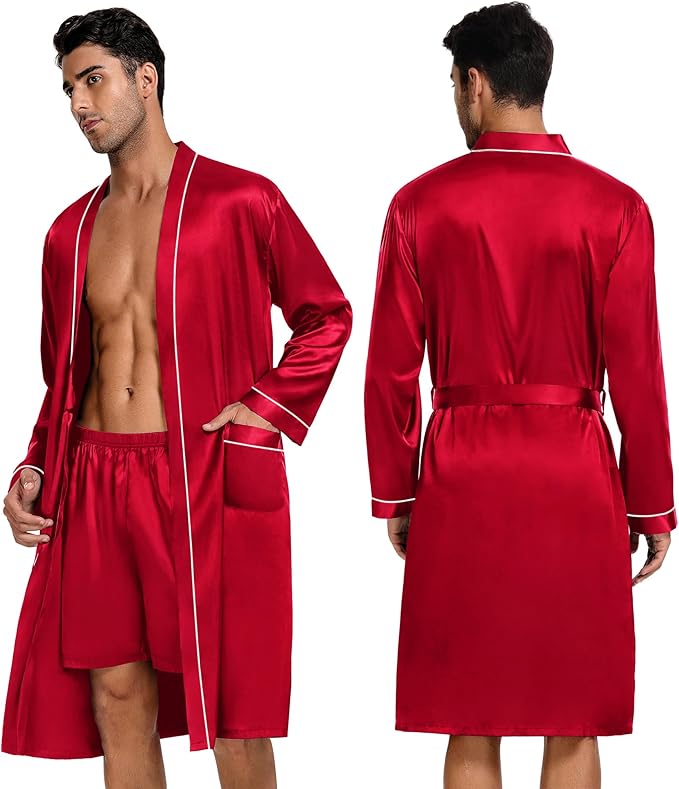 SWOMOG Mens 3 PCS Satin Robe with Pants & Shorts Set Kimono Bathrobe Long Sleeve Sleepwear Pjs Sets with Pockets