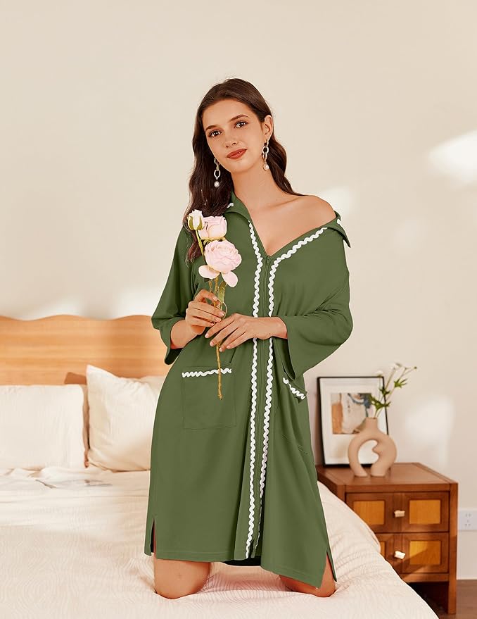 Ekouaer Women Zipper Robe Lightweight House Coat Zipper Front Short Bathrobes Soft Nightgown with Pockets S-3XL