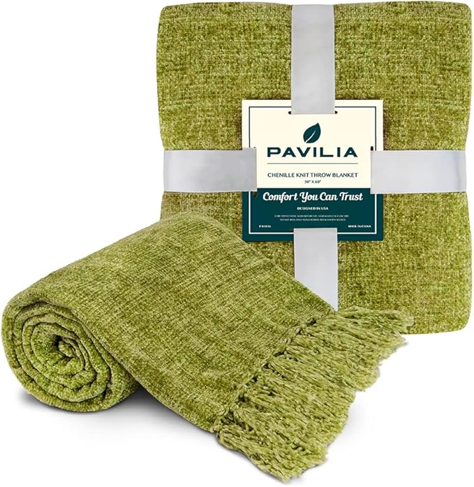 PAVILIA Olive Green Chenille Throw Blanket for Couch Sofa, Soft Olive Knit Throw with Tassel, Decorative Blanket for Bed Chair Living Room, Olive Green 50x60