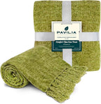 PAVILIA Olive Green Chenille Throw Blanket for Couch Sofa, Soft Olive Knit Throw with Tassel, Decorative Blanket for Bed Chair Living Room, Olive Green 50x60