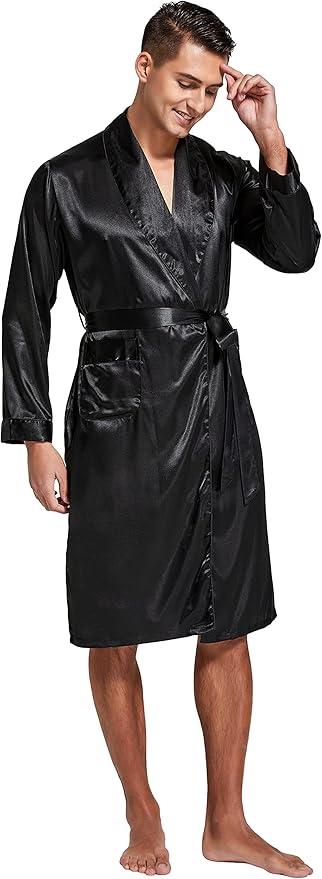 Tony & Candice Men's Satin Robe Lightweight Long Sleeve Silk Kimono Bathrobe with Shorts Set Sleepwear