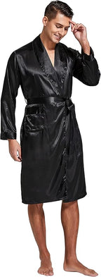 Tony & Candice Men's Satin Robe Lightweight Long Sleeve Silk Kimono Bathrobe with Shorts Set Sleepwear