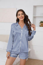 Ekouaer Satin Pajama Set for Women Button Down Pj Set Long Sleeve Top and Shorts 2 Piece Loungewear Summer Soft Sleepwear