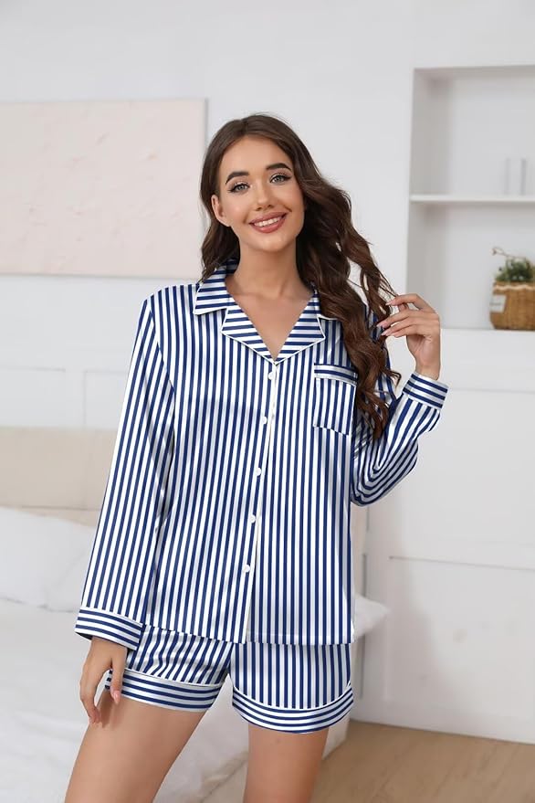Ekouaer Satin Pajama Set for Women Button Down Pj Set Long Sleeve Top and Shorts 2 Piece Loungewear Summer Soft Sleepwear