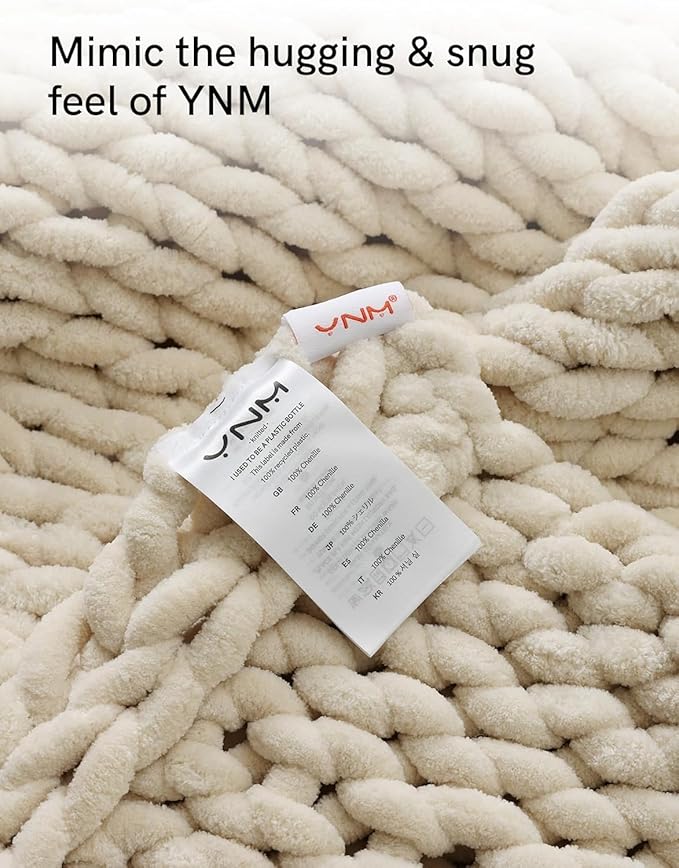 YnM Chunky Throw Blanket, Hand Knitted with Chenille Yarn, Skin Friendly, Ventilated and Breathable, Machine Washable, Home Décor Piece for Couch, Sofa and Bed (Butter Cream, 30x40 Inch)