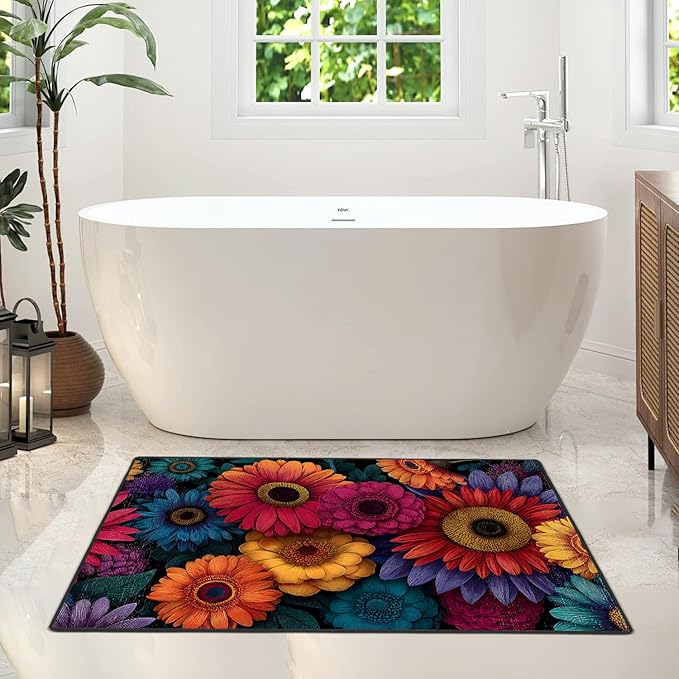 Flower Area Rug 2x3 ft Entry Rug Washable BohemianRugs Non Slip Low Pile Floral Door Mat Small Carpet for Bedroom, Bedside, Kids Room, Office, Dining Room
