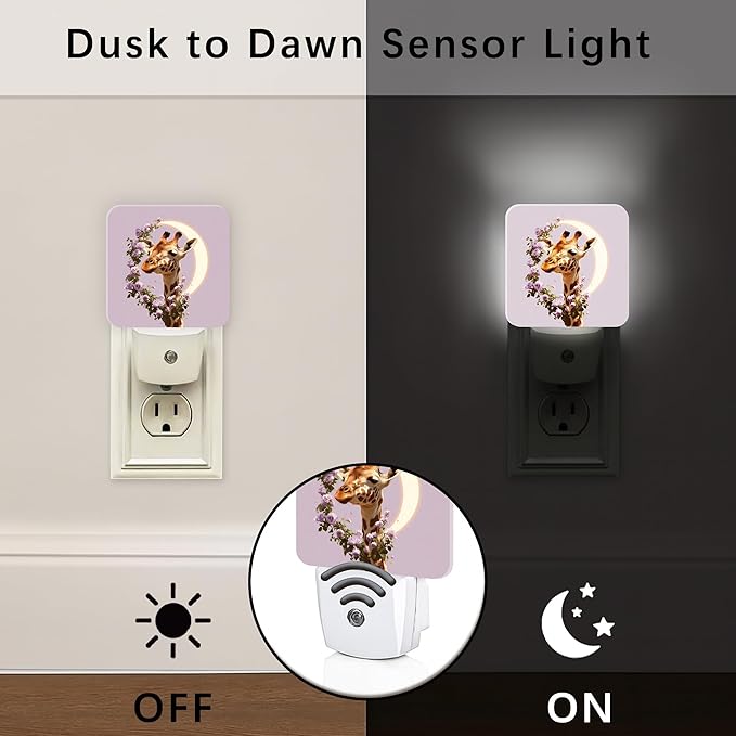 Giraffe Night Lights Plug Into Wall, Fanciful Nature-Inspired Roses Moon None Peach Plug in Night Light with Dusk to Dawn Sensor for Entryway Garage Stairs Decor 2pcs