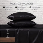 MR&HM Satin Sheets Full Size with Elastic Corner Straps, 4-Piece Silky Bedding Set, Deep Pocket 15 Inches, Good for Hair & Skin (Full, Black)